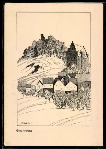 Künstler-AK Staufenberg, Burg und Ortsansicht