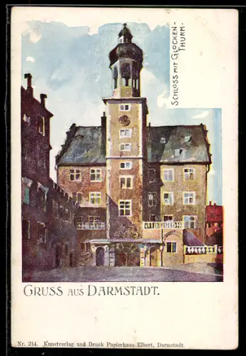 Lithographie Darmstadt, Schloss mit Glockenturm