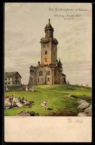 Lithographie Feldberg im Taunus, Blick zum Feldbergturm