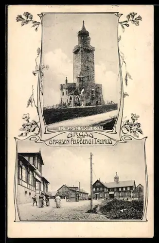 Lithographie Grosser Feldberg i. Taunus, Turm, Strassenpartie