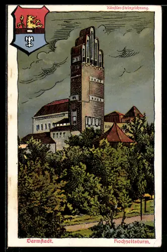 Künstler-AK Darmstadt, Hochzeitsturm, Wappen