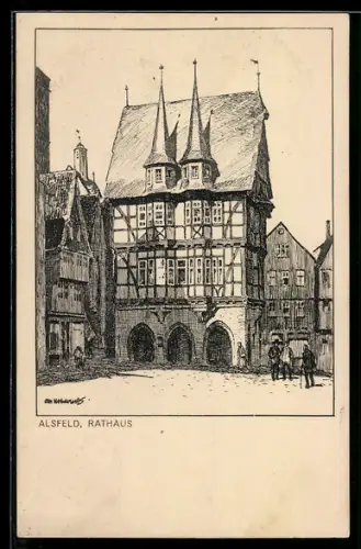 Künstler-AK Alsfeld, Blick zum Rathaus