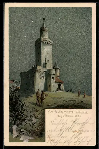 Lithographie Feldberg im Taunus, Feldbergturm bei Nacht