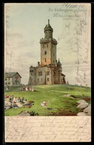 Lithographie Feldberg im Taunus, Feldbergturm mit Liegewiese