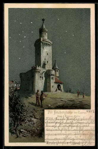 Lithographie Feldberg im Taunus, Feldbergturm unter Sternenhimmel