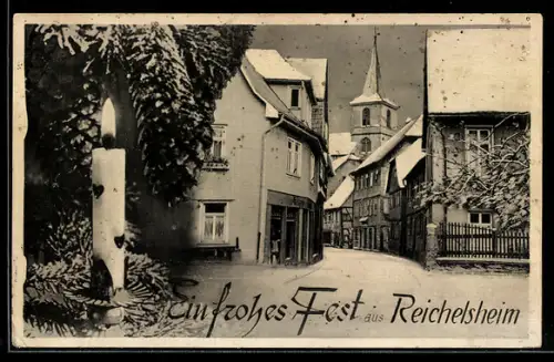 AK Reichelsheim i. Odw., Verschneite Ortsansicht mit Kirche und Kerze