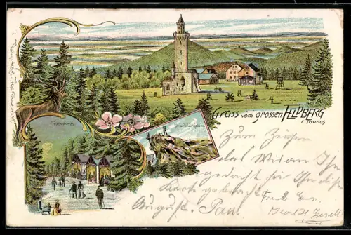 Lithographie Grosser Feldberg i. Taunus, Turm, Fuchstanz, Brunhildisfelsen