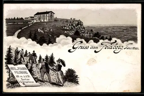 Lithographie Feldberg, Hotel-Pension Feldberg, Wanderer