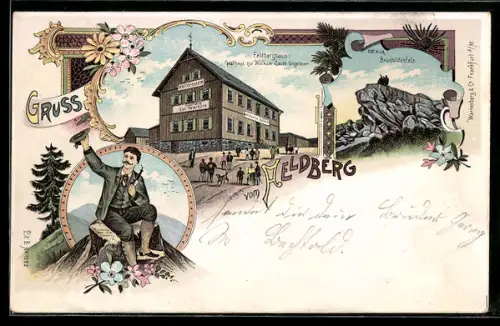 Lithographie Feldberg, Feldberghaus Gasthaus zur Walküre, Brunhildenfels