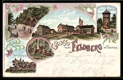 Lithographie Feldberg, Gasthof auf dem Gipfel, Feldbergthurm, Fuchstanz