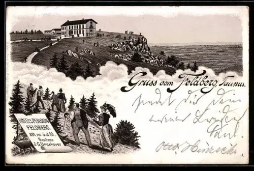 Lithographie Feldberg, Hotel-Pension Feldberg, Wanderer