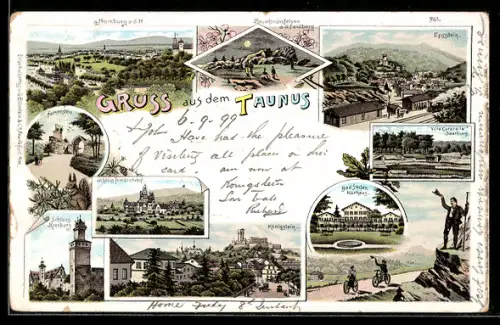 Lithographie Eppstein, VillaCaracalla, Bad Soden Kurhaus, Königstein, Schloss Kronberg, Falkenstein
