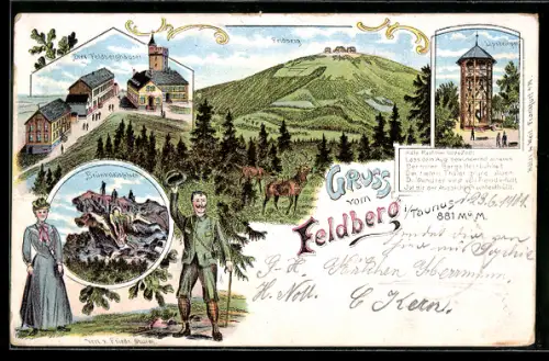 Lithographie Feldberg, Lipstempel, drei Feldberghäuser, Brünhildisfelsen, Hirsch, Liebespaar