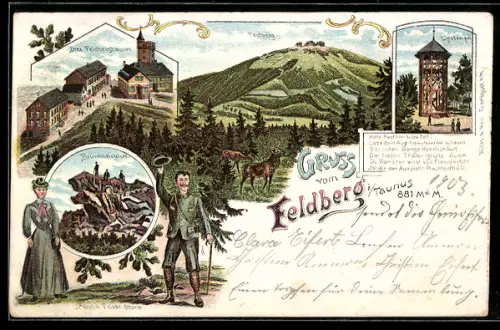 Lithographie Feldberg, Lipstempel, drei Feldberghäuser, Brünhildisfelsen, Hirsch, Liebespaar