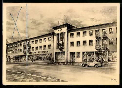 Künstler-AK Wetzlar, Neue Strassenfront der Firma Herkules-Werk G. m. b. H.