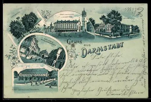 Lithographie Darmstadt, Ludwigshöhe, Ernst-Ludwiks-Platz u. Weisser Turm, Saalbau, Orangerie u. Kath. Kirche