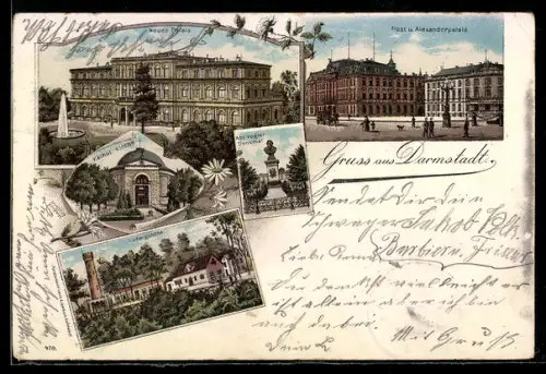 Lithographie Darmstadt, Neues Palais, Katholische Kirche, Ludwigshöhe