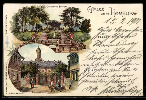 Lithographie Homburg, Schloss & Elisabethenbrunnen