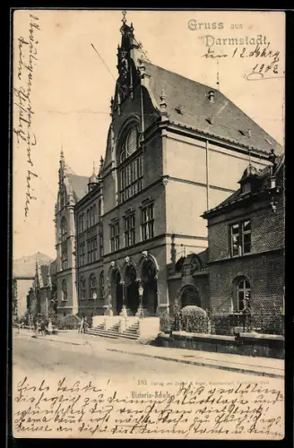 AK Darmstadt, Victoria-Schule mit Strassenpartie