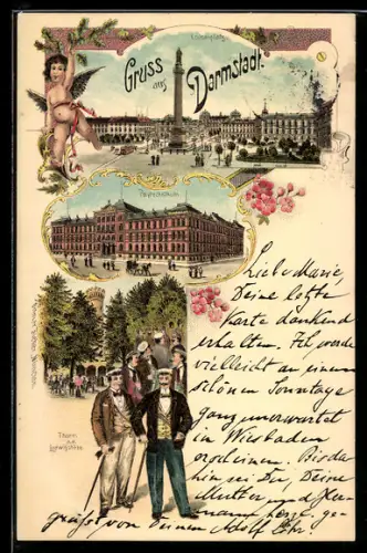 Lithographie Darmstadt, Luisenplatz, Polytechnikum, Burschenschaftler am Turm an der Ludwigshöhe