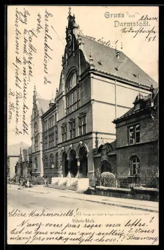 AK Darmstadt, Victoria-Schule mit Strassenpartie