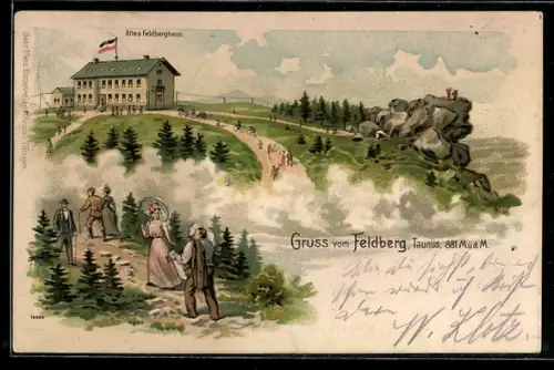 Lithographie Feldberg i. T., Altes Feldberghaus mit Passanten