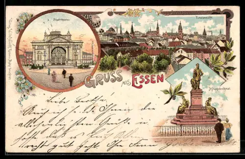 Lithographie Essen, Stadttheater, Kruppdenkmal, Totalansicht der Stadt