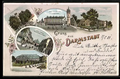 Lithographie Darmstadt, Ludwigshöhe, Ernst-Ludwiks-Platz u. Weisser Turm, Saalbau, Orangerie u. Kath. Kirche