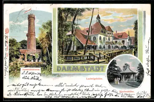 AK Darmstadt, Teilansicht Gasthof Ludwigshöhe, Aussichtsturm, Marienhöhe