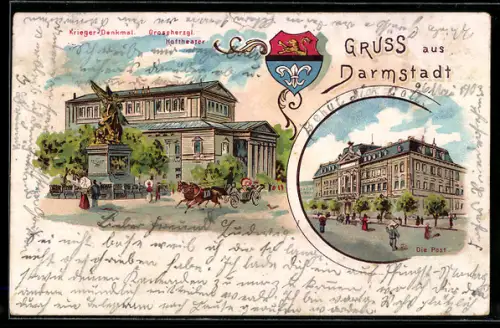 Lithographie Darmstadt, Krieger-Denkmal, Grossherzogl. Hoftheater und die Post mit Wappen