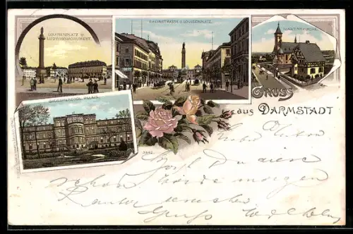 Lithographie Darmstadt, Rheinstrasse und Luisenplatz mit Ludwigsmonument, Grossherzogl. Palais