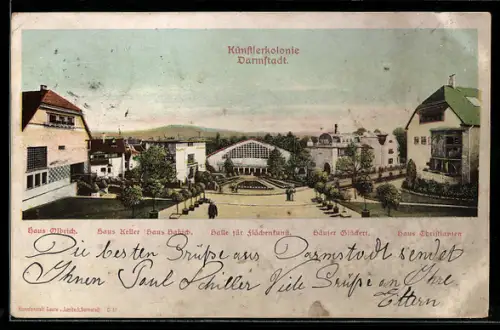 AK Darmstadt, Künstlerkolonie, Halle für Flächenkunst, Haus Keller, Häuser Glückert