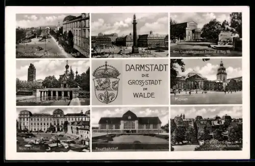 AK Darmstadt, Hess. Landestheater, Museum, Hauptbahnhof, Künstlerkolonie, Schloss, Platz