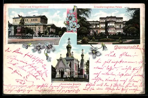 AK Darmstadt, Grossherzogliches Palais, Theater und Kriegerdenkmal, Russische Kapelle