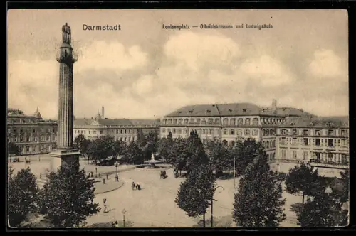 AK Darmstadt, Louisenplatz mit Olbrichbrunnen und Ludwigssäule