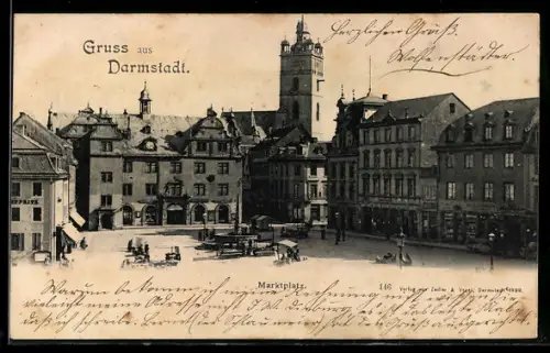 AK Darmstadt, Strassenpartie am Marktplatz