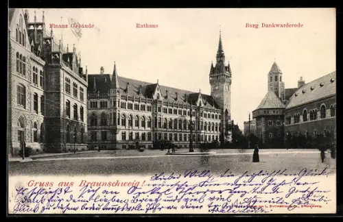 AK Braunschweig, Blick auf Rathaus mit Finanzgebäude u. Burg Dankwarderode