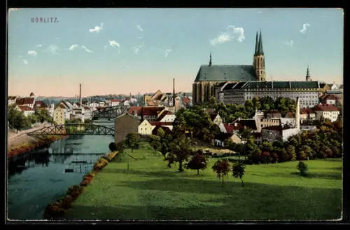 AK Görlitz, Ortsansicht mit Kirche und Brücke