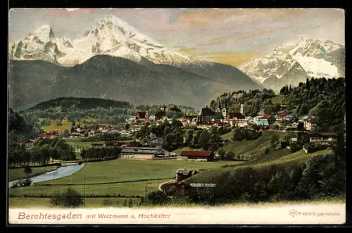 AK Berchtesgaden, Ortsansicht mit Watzmann und Hochkalter