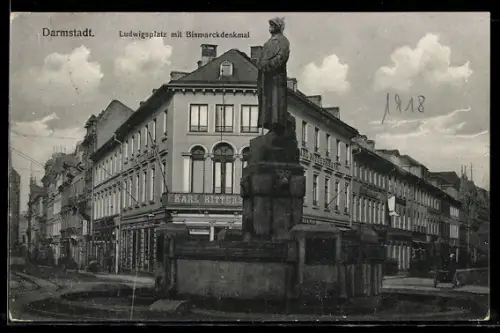 AK Darmstadt, Ludwigsplatz mit Bismarckdenkmal