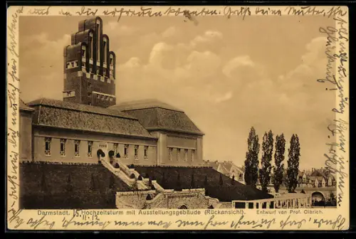 AK Darmstadt, Hochzeitsturm mit Ausstellungsgebäude, Rückenansicht