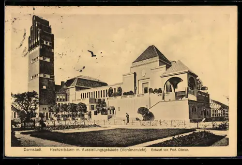 AK Darmstadt, Hochzeitsturm mit Ausstellungsgebäude, Vorderansicht