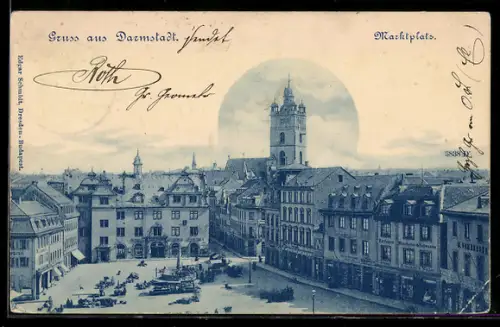 AK Darmstadt, Marktplatz mit Rathaus & Manufakturwaren-Handlung von Nothnagel & Weiler
