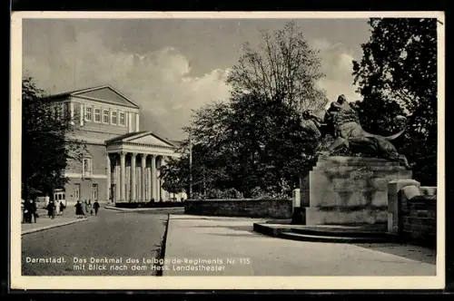 AK Darmstadt, Denkmal des Leibgarde-Regiments 115 und Hessisches Landestheater