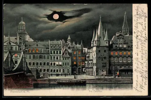AK Alt-Frankfurt, Altstadt und Fahrtor bei Nacht, Mond