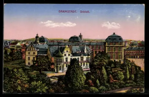 Künstler-AK Darmstadt, Schloss mit Strassenpartie