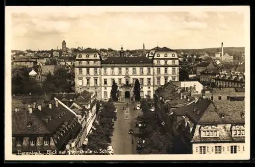 AK Darmstadt, Blick auf Rheinstrasse und Schloss