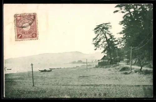 AK Matsushima, Küstenansicht mit Kiefern und Booten