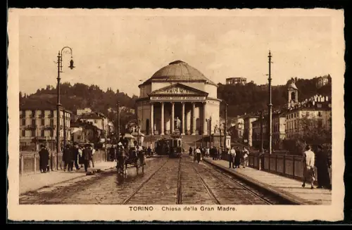 AK Torino, Ponte Vittorio Emanuele I e la Gran Madre di Dio, Strassenbahn