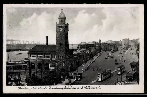 AK Hamburg-St. Pauli, Landungsbrücken und Elbtunnel mit Strassenbahnen, Restaurant